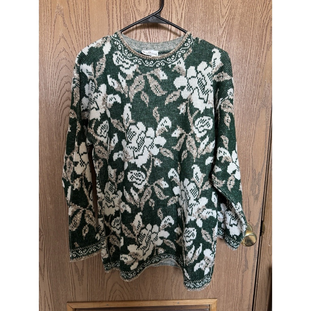 Vintage Nan Dorsey Green Metallic Floral Sweater Cottagecore Small